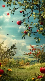 Sunlit apple trees sway above a dreamy pastoral valley