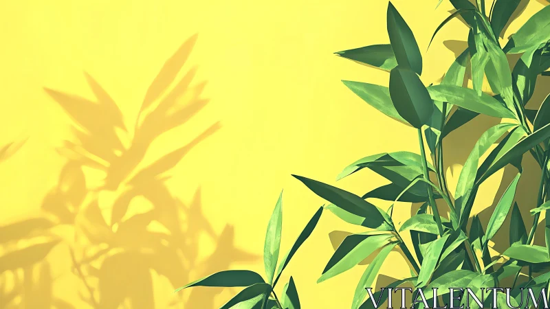 Tropical leaves cast crisp shadows on bold yellow wall.