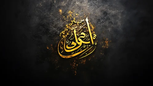 Golden Arabic calligraphy glowing on textured dark wall.