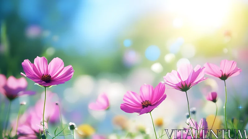 Pink cosmos flowers bloom in soft sunlight and blur