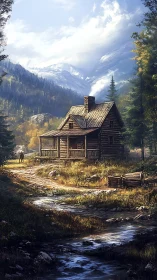 Log cabin rendered in high-detail mountain valley landscape lighting
