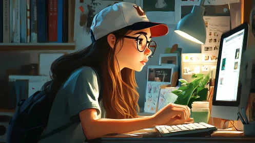 Focused digital illustrator at desktop workstation, evening glow.