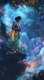 Divine blue figure in floral garlands amid celestial nebulae.