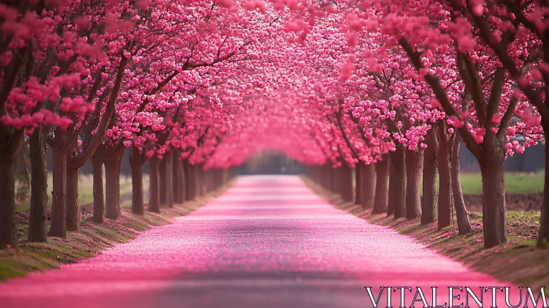 Symmetrical cherry blossom road lined with pink trees.