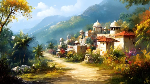 Sunlit hill road strolls past domed mountain palaces