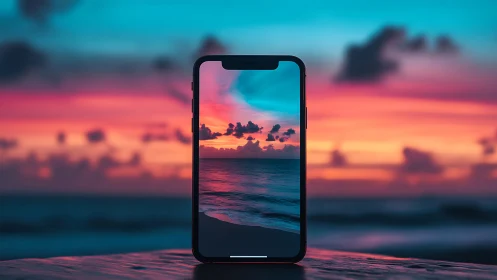 Smartphone viewport aligning seascape with neon dusk sky.