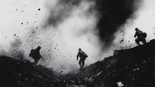 Shattered earth and silhouettes sprint through the blast storm.