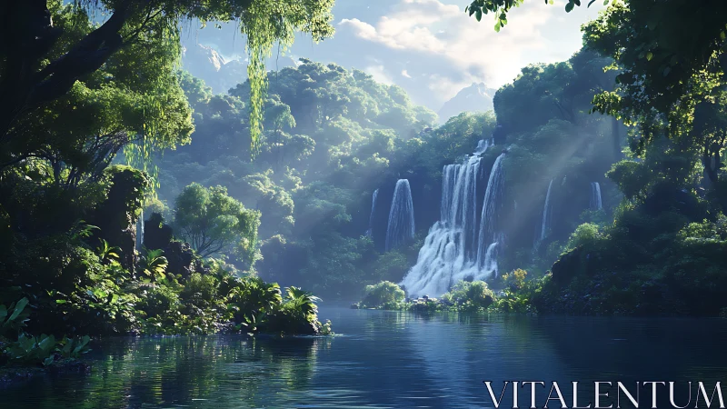 Lush tropical waterfall basin under volumetric morning light.