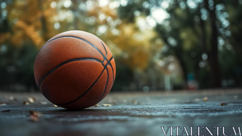 Lonely basketball on wet outdoor court in autumn light.