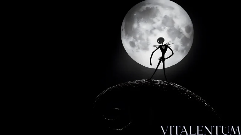 Moonlit skeleton silhouette crowns a curling haunted hill.