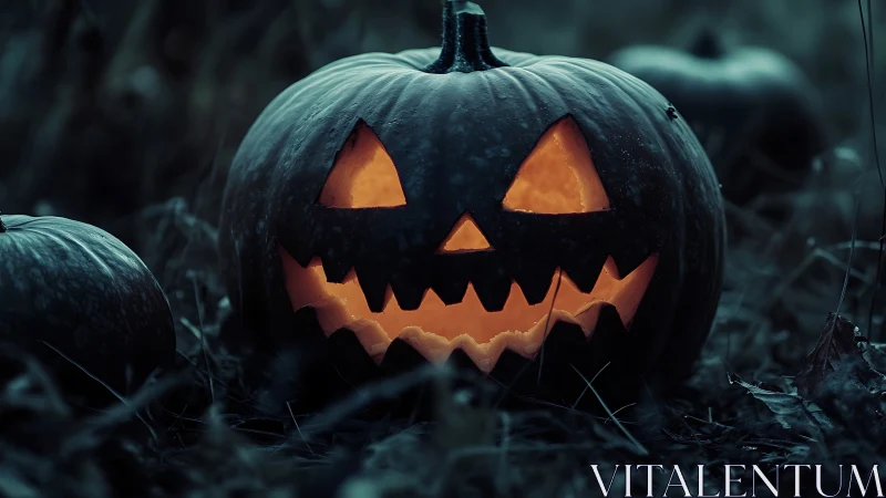 Glowing jack o lantern smiles boldly in a shadowy garden
