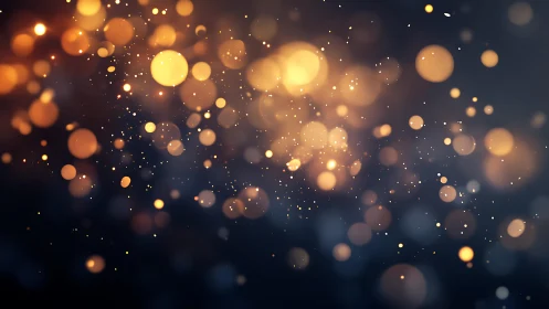 Warm golden bokeh lights on dark abstract background, digital art.