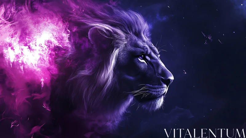Lion profile rendered in purple nebula-like digital light