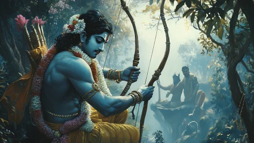 Blue-skinned archer in forest setting with distant figures.