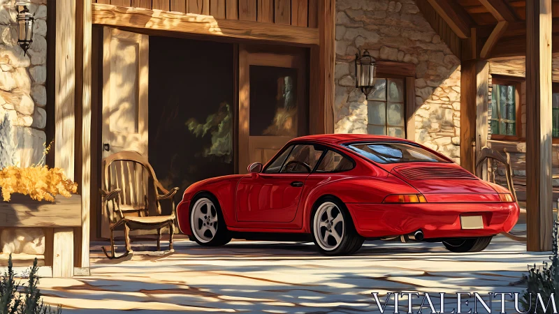 Red classic coupe parked under rustic timber porch.