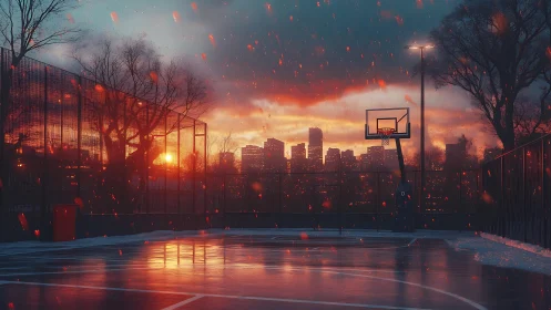 Urban basketball court glows under ember-lit winter sunset.