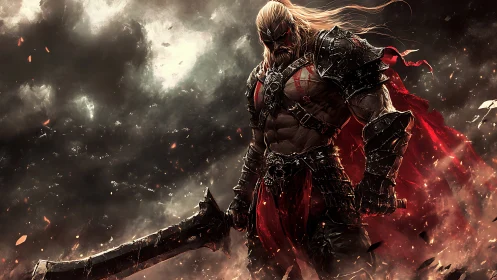 Armored warrior with massive sword in fiery battlefield