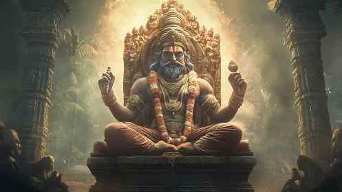 Seated Hindu deity statue in ornate stone temple setting.