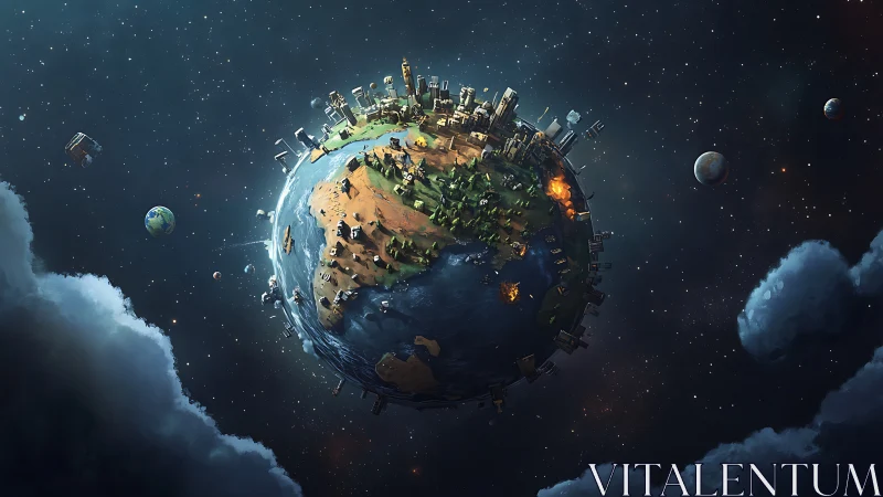 Stylized miniature planet shows urban, rural and orbital zones