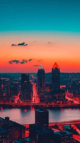 Neon-lit riverside skyline under vivid cyan dusk glow.
