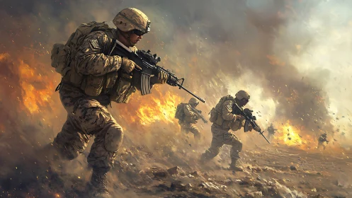 Digital combat squad charging through explosive battlefield.