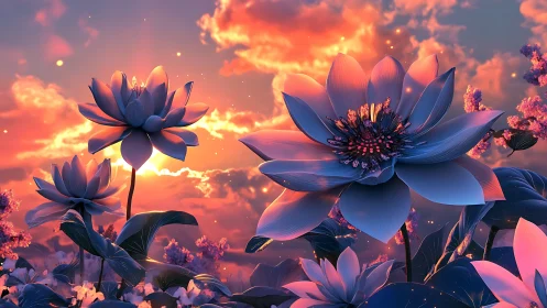 Ethereal Lotus Sanctuary Blazes Against Incandescent Sky