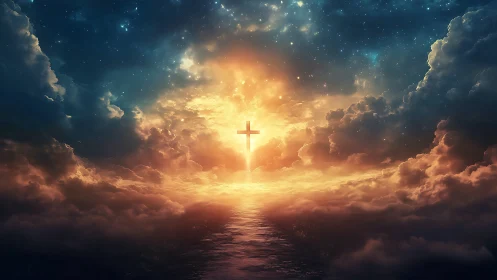 Radiant cross adrift in blazing celestial storm of light.