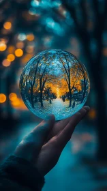 Hand holds glass sphere reflecting autumn city alley