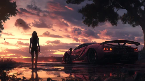 Sunset-lit supercar and lone figure rendered in cinematic digital detail