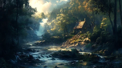 Cascading Waterfall Through Ancient Forest Canopy with Architectural Dwelling