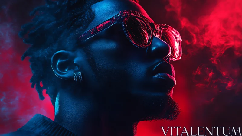 Side-profile portrait uses red and blue lighting on subject