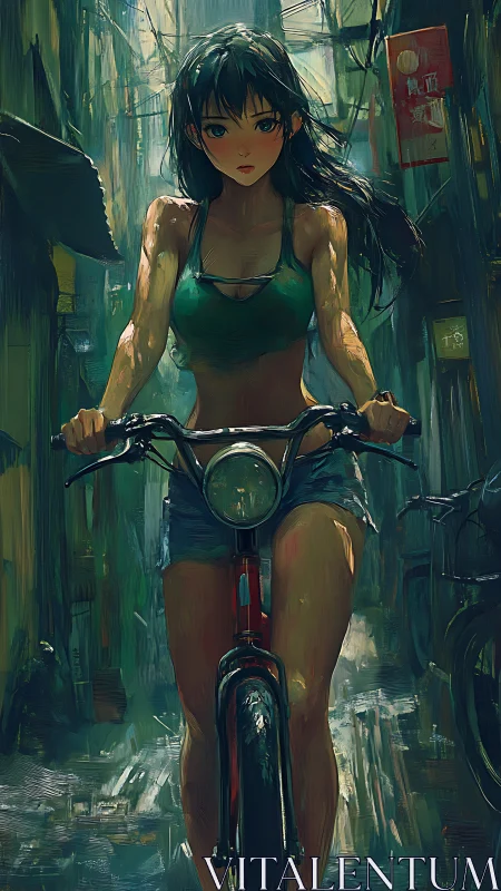 Kinetic alleyway cyclist in saturated rain-slick digital strokes.