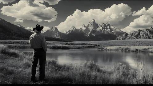 Lone cowboy quietly admiring calm river and rugged peaks.