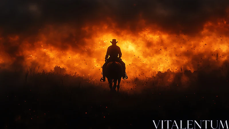 Silhouetted Rider Charges Through Inferno of Flame and Ash