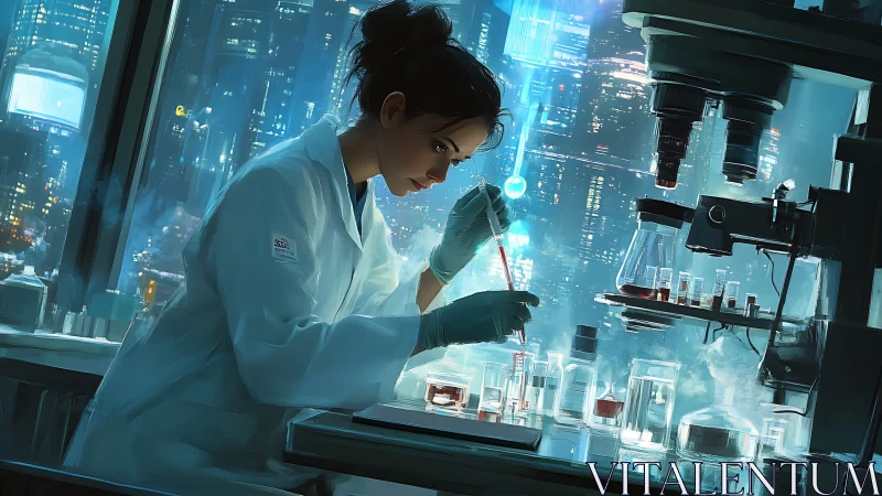 Midnight city biochemist distills neon secrets in glass vials.