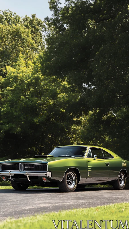Sunlit green muscle car resting by a quiet forest road.