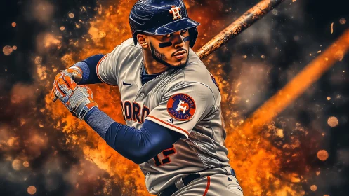Dynamic digital portrait of baseball hitter with fiery bokeh backdrop
