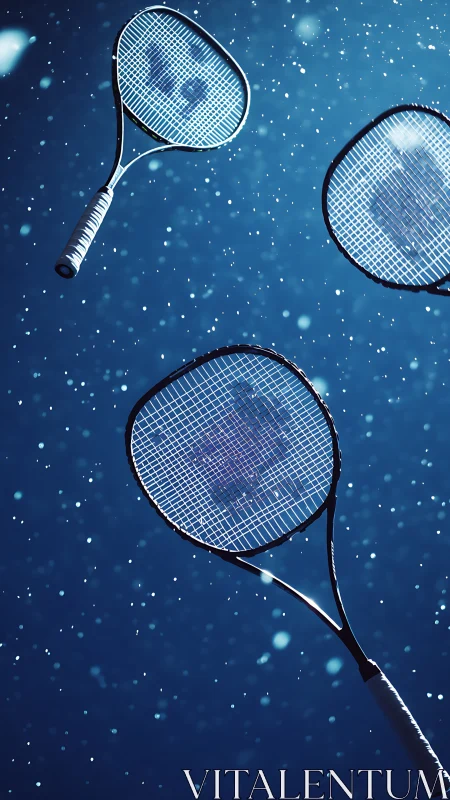 Three tennis rackets suspended in blue light and motion.