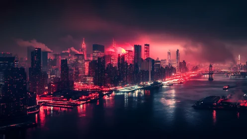 Neon red city skyline over river under heavy night clouds.
