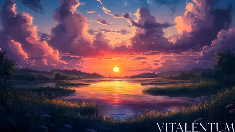 Sunset river kindle under painterly clouds and quiet meadows.