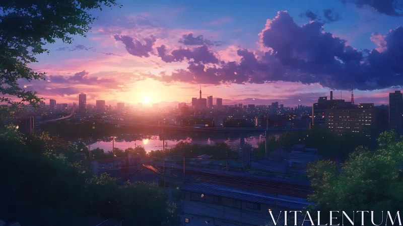 Anime cityscape sunset with riverfront skyline and clouds.
