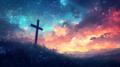 Lone hillside cross beneath radiant twilight nebula sky.