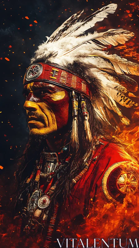 Indigenous warrior portrait with feathered headdress amid fire.