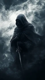 Hooded dark wraith holds ornate sword within storming fog