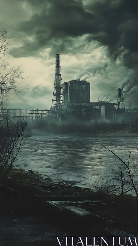 Moody riverside factory looms under heavy storm clouds