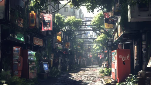 Overgrown neon alley with vending machines and sunlight.