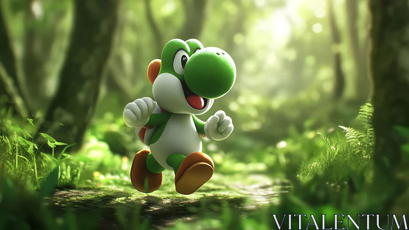 Yoshi character traversing verdant forest corridor with dynamic pose.