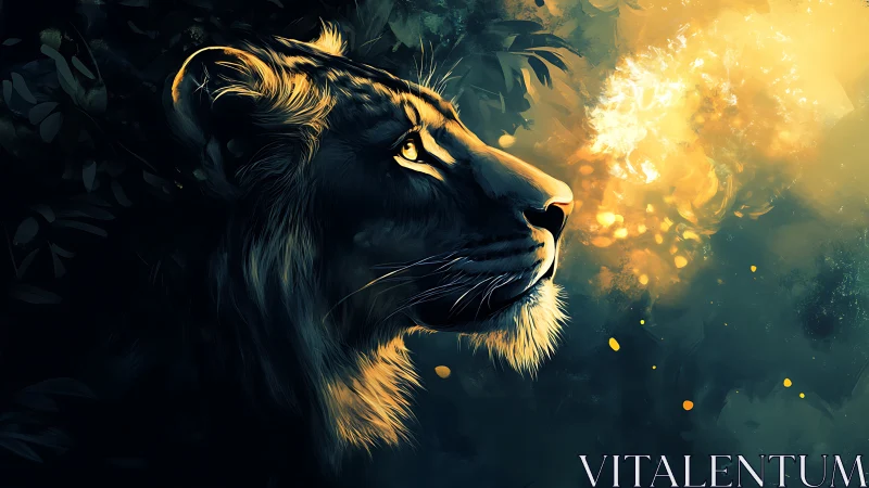 Lion illuminated by ethereal golden fire in twilight forest.