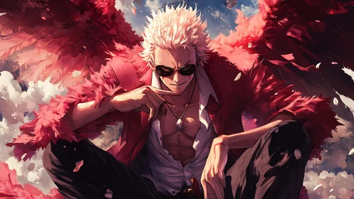 White‑haired figure with red feathered wings in clouds scene.