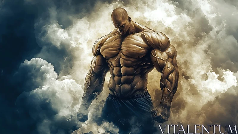 Stormforged titan bodybuilder emerging from swirling clouds.